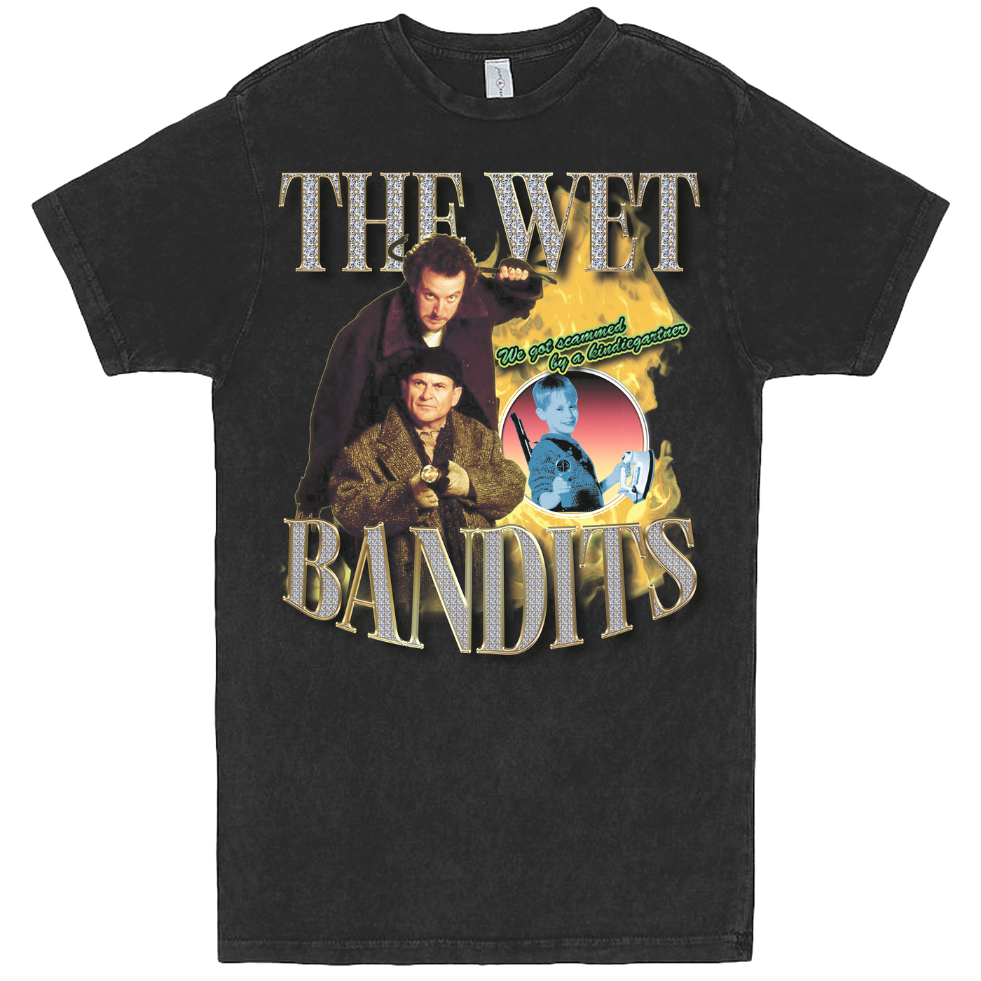 Home Alone Christmas Movie The Wet Bandits Bootleg Style T-Shirt. Printed on a lane 7 vintage black tee